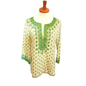 POMEGRANATE RESORT  Green Block Print Embroidered Tunic Sz Medium